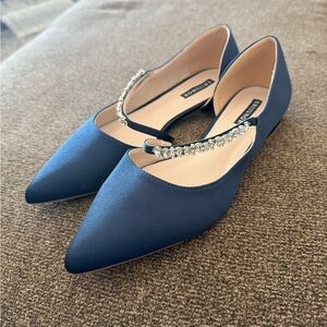 Chic Navy Satin Flats with Crystal Embellishment